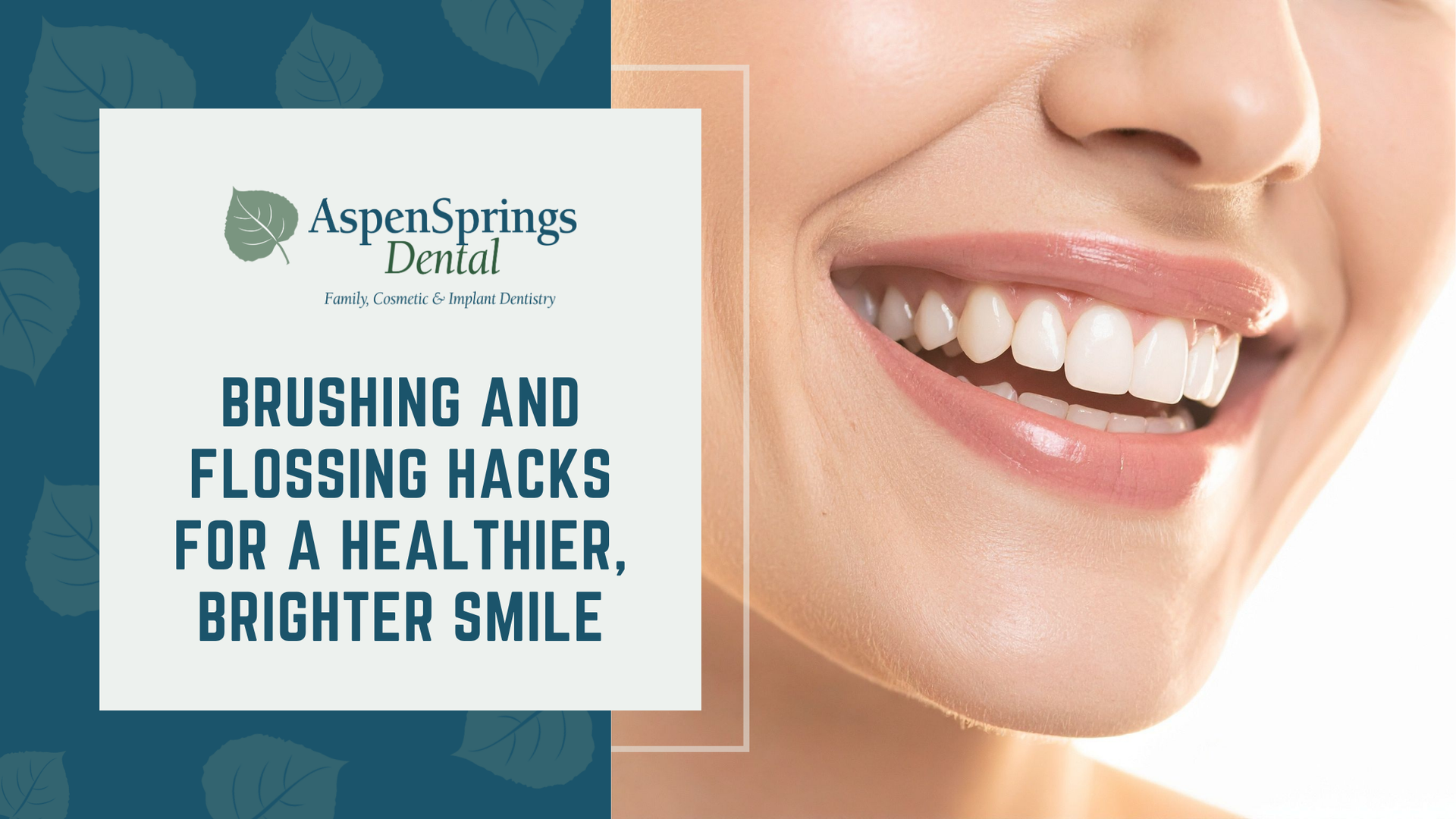 Woman smiling with healthy white teeth. Text: