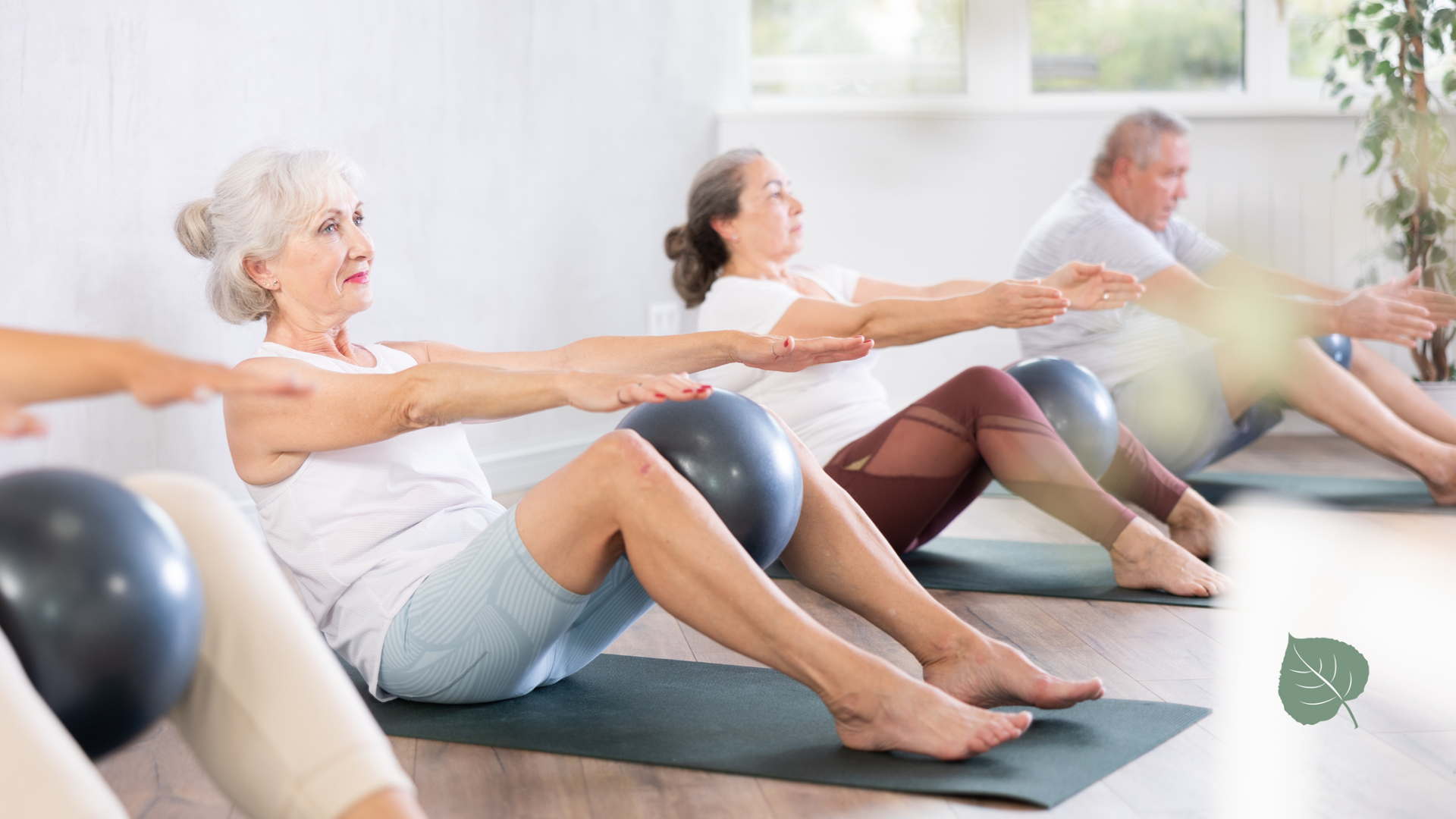 A group of people are doing exercises with pilates balls in a gym.