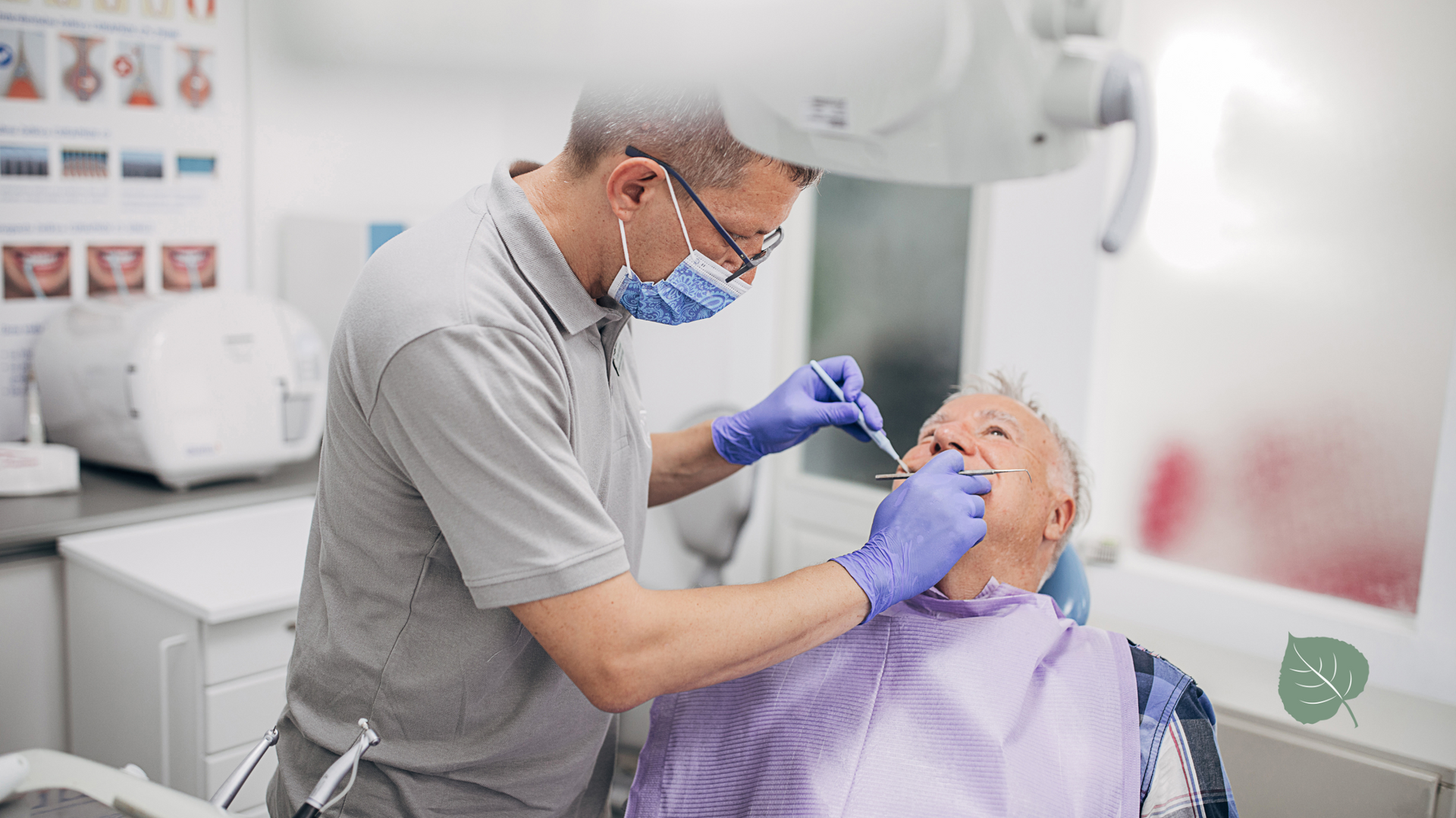 A dentist is examining a patient 's teeth in a dental office.