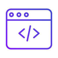 um ícone roxo e branco de uma janela do navegador com um código HTML.