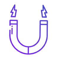 Um desenho roxo de um ímã em forma de ferradura com duas setas apontando em direções opostas.