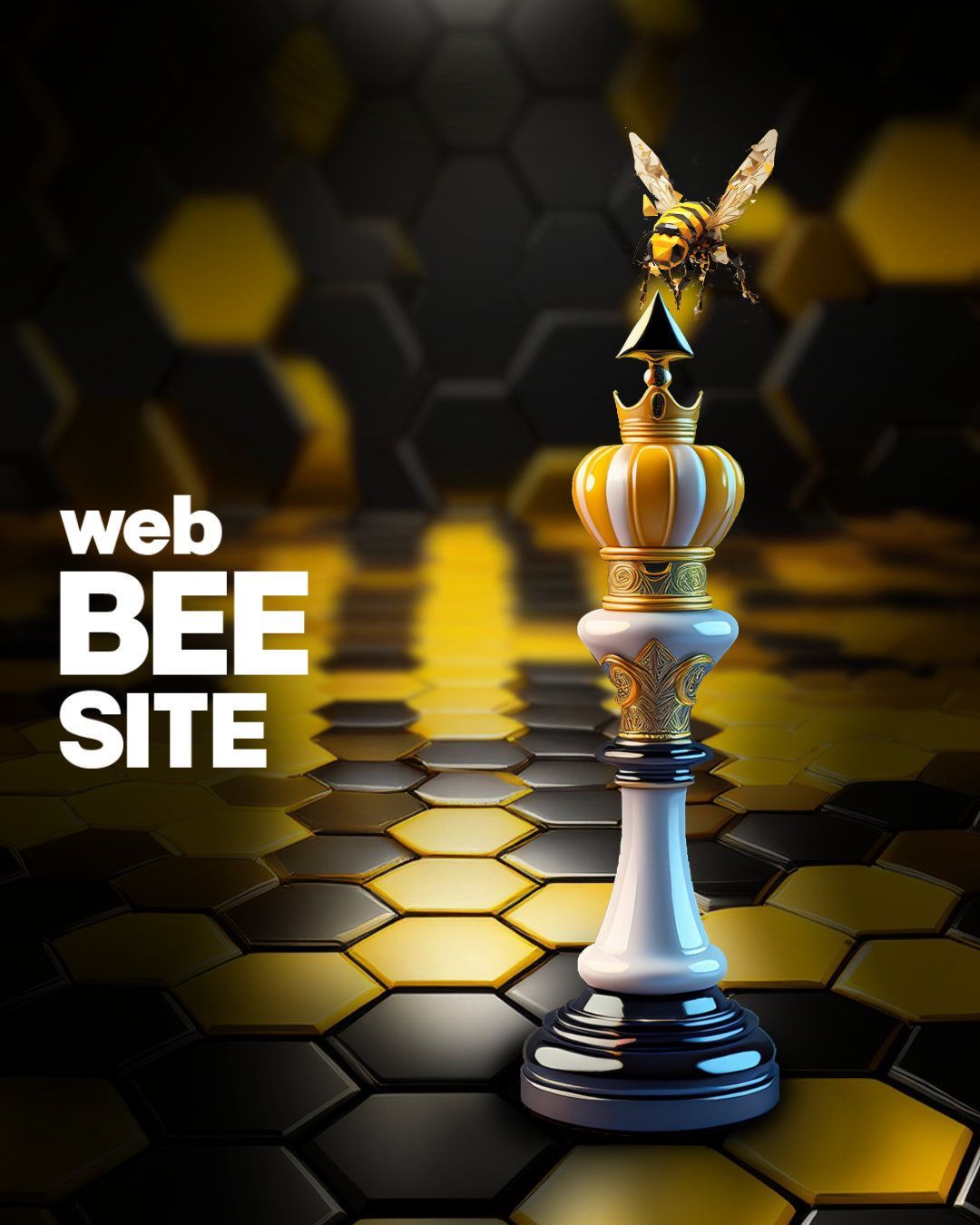 Um anúncio com uma abelha voando em cima de uma peça de xadrez que é a rainha, sobre um tabuleiro hexagonal preto e amarelo com a escrita WEB BEE SITE, ofertando um produto que é site corporativo, feito pela agência 4pix