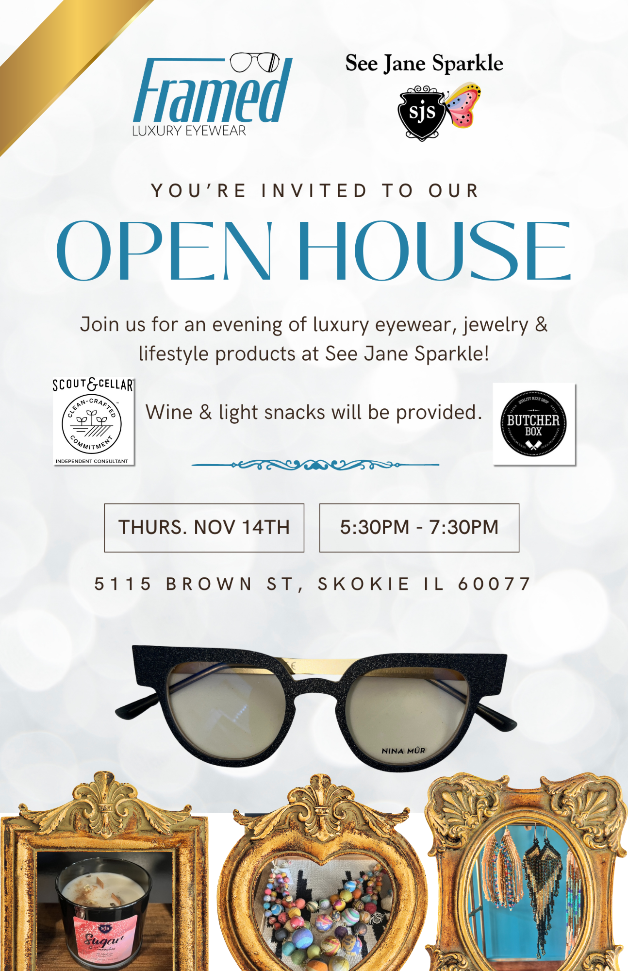 A poster for an open house with a pair of sunglasses on it.