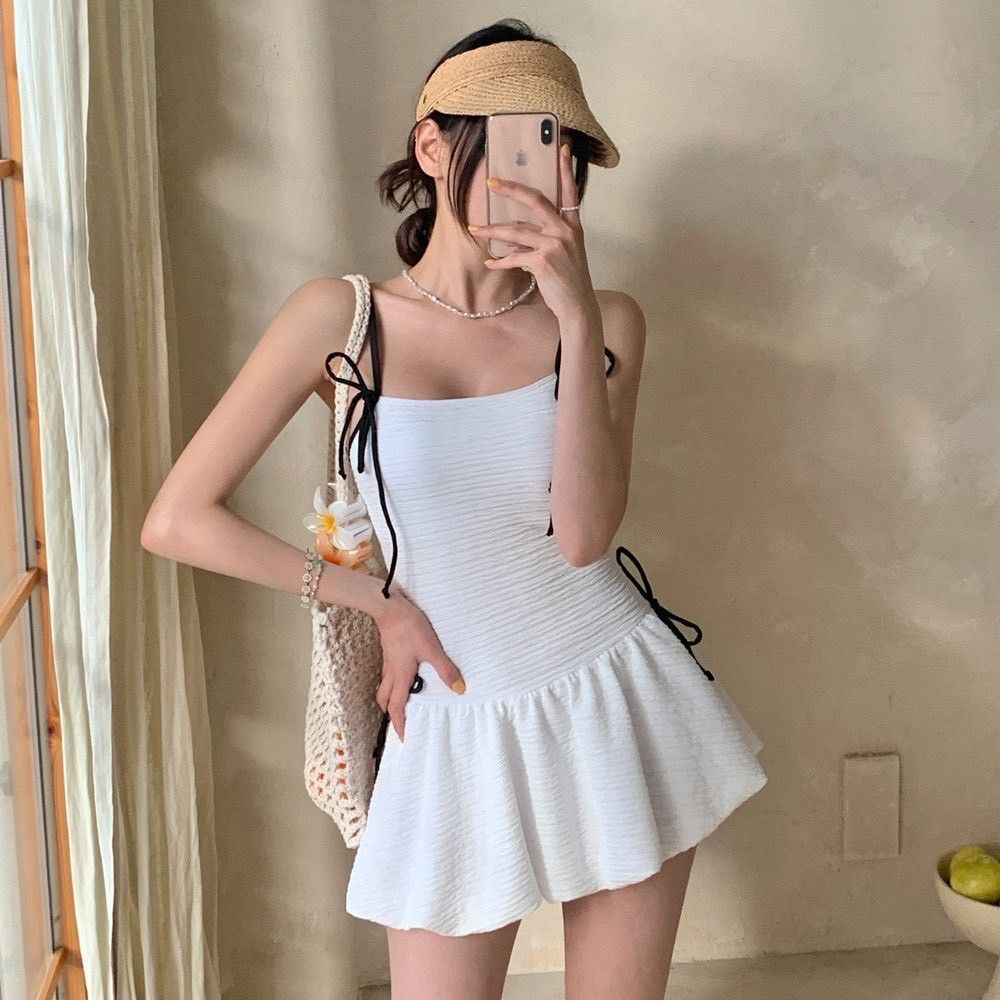 芭蕾純欲風蝴蝶結吊帶連身泳衣泳裝2色      ABK2504003