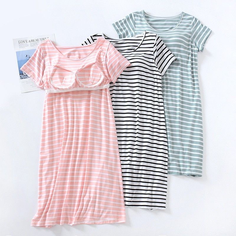 BRATOP-極舒適莫代爾條紋立體胸墊罩杯短袖睡裙家居服睡衣    CUBR220382