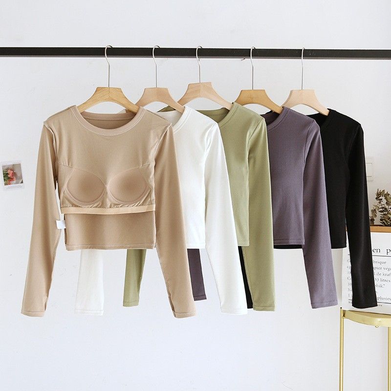 Bra Top-圓領短版露臍長袖立體胸墊罩杯內搭上衣BRA運動內衣  CUBR2311003