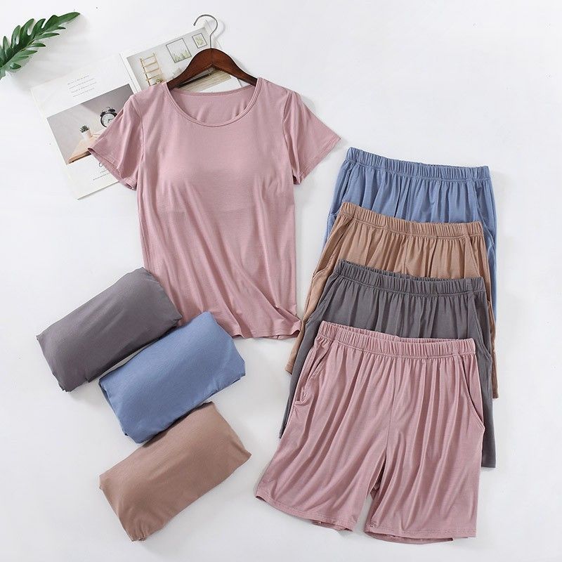 BRATOP-極舒適莫代爾浪漫色系立體胸墊罩杯短袖睡褲家居服睡衣+褲套裝    CUBR220391