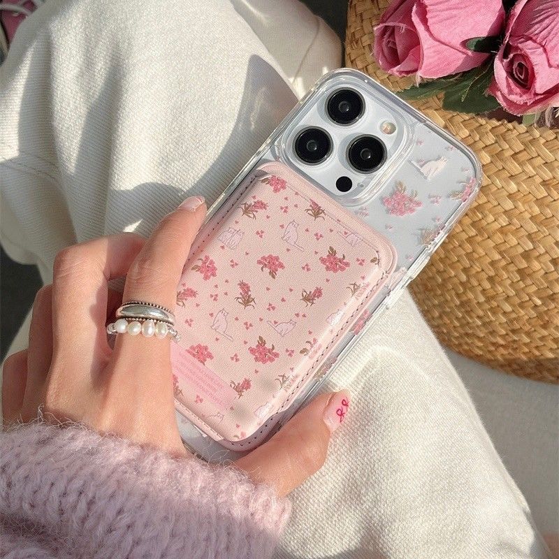 粉色花朵貓咪磁吸支架全包手機殼(支架加購)IPHONE11/12/13/14/15/16 TE2408013