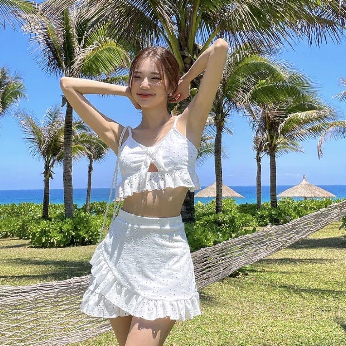 甜美度假裙式三件式白色泳衣泳裝      ABK2504017