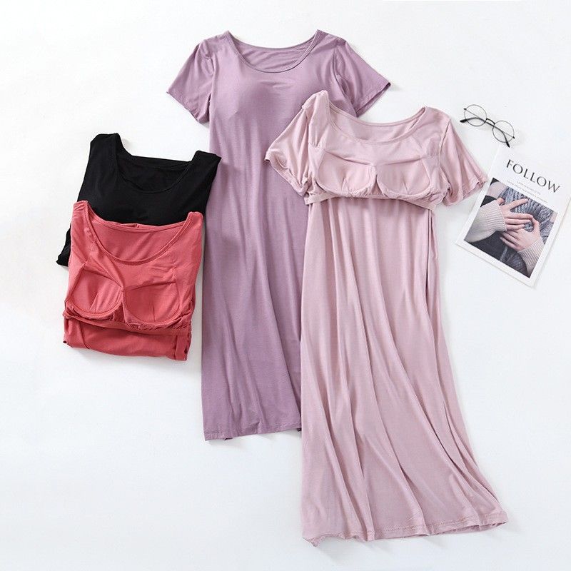 BRA TOP-極舒適莫代爾浪漫色系立體胸墊罩杯短袖睡裙家居服睡衣    CUBR220383