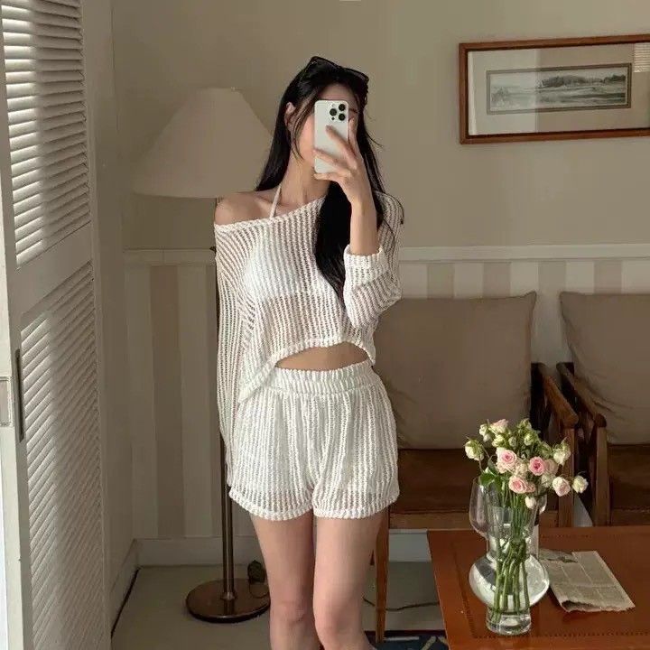 性感簍空長袖短褲罩衫套裝比基尼三件套2色      EBK2507004