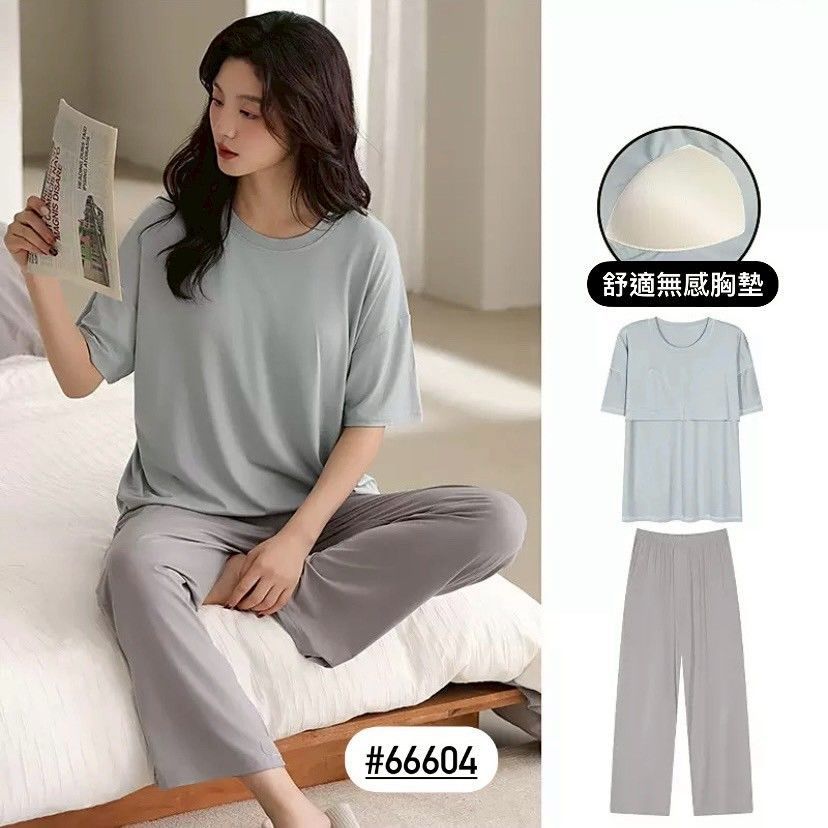 【帶胸墊★舒適推薦】簡約圓領涼感莫代爾短袖長褲睡衣居家服兩件套組7款    ESP2507005