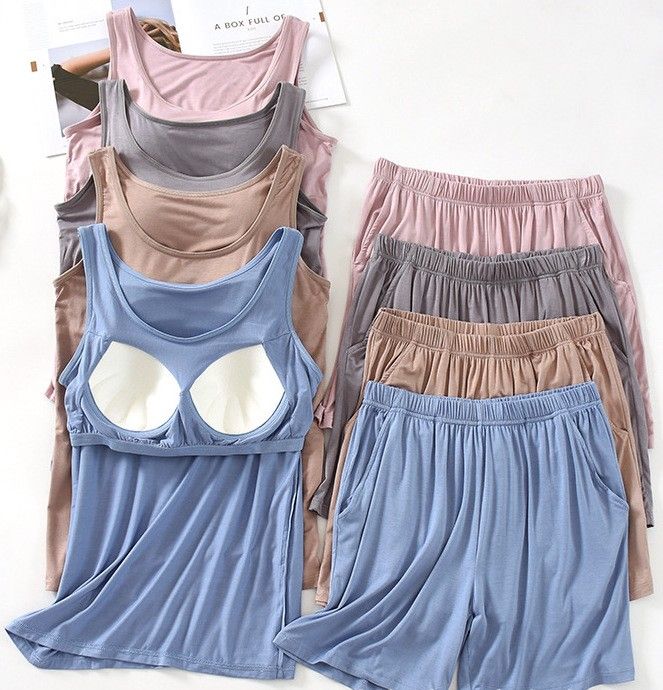BRA TOP-極舒適莫代爾浪漫色系立體胸墊罩杯無袖睡裙家居服睡衣+褲套裝    CUBR220392
