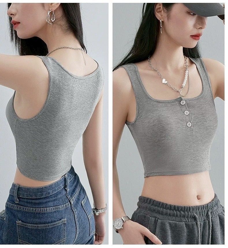 BRATOP-【涼感】方領排釦裝飾短版立體胸墊罩杯上衣背心6色      CUBR250638