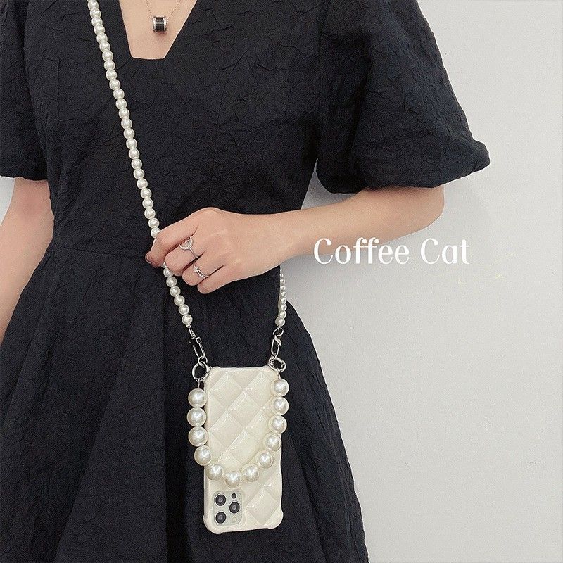 菱格珍珠手腕+斜跨雙鍊全包手機殼IPHONE XS系列/11/12/13/14/15 TE2306001