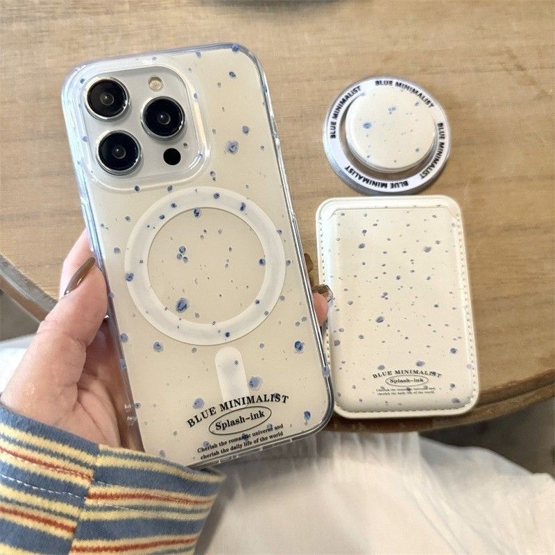 簡約米底藍潑墨磁吸支架卡包全包手機殼(支架卡包)IPHONE12/13/14/15/16 TE2408011