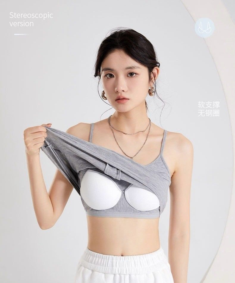 BRATOP-【涼感】吊帶排釦裝飾短版立體胸墊罩杯上衣背心6色      CUBR250011