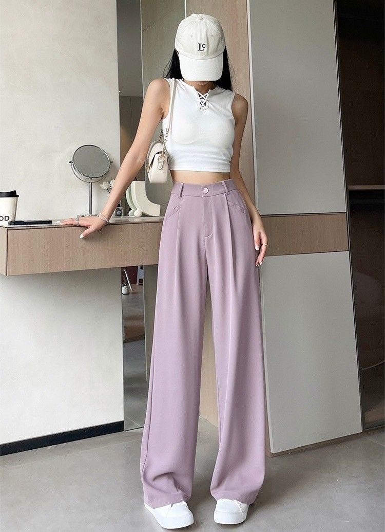 【好評推薦】紫色夏季薄款冰絲垂感闊腿長褲西裝褲3色(小個子/常規/加長)    EP2503007