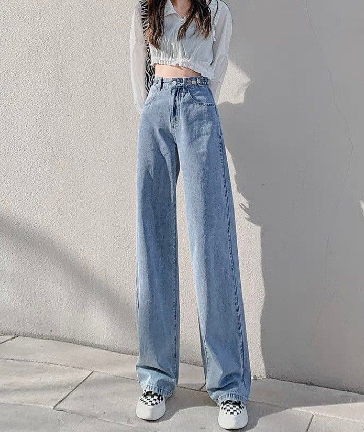 高腰垂感腰圍釦可調節闊腿直筒牛仔褲(九分/長褲常規/加長)    EP2402031