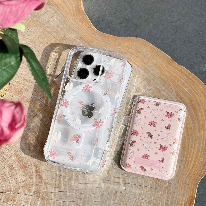 粉色花朵貓咪磁吸支架全包手機殼(支架加購)IPHONE11/12/13/14/15/16 TE2408013