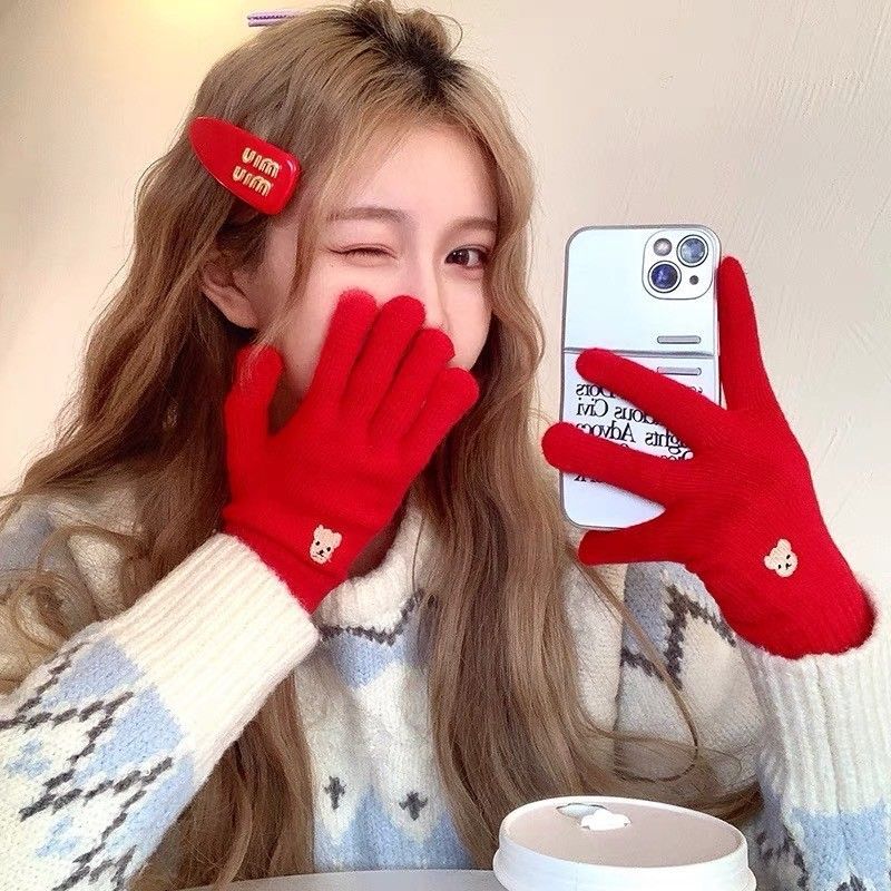 【買一送一】韓風可愛小熊刺繡《露指觸屏》防寒保暖手套12色ESC2412002
