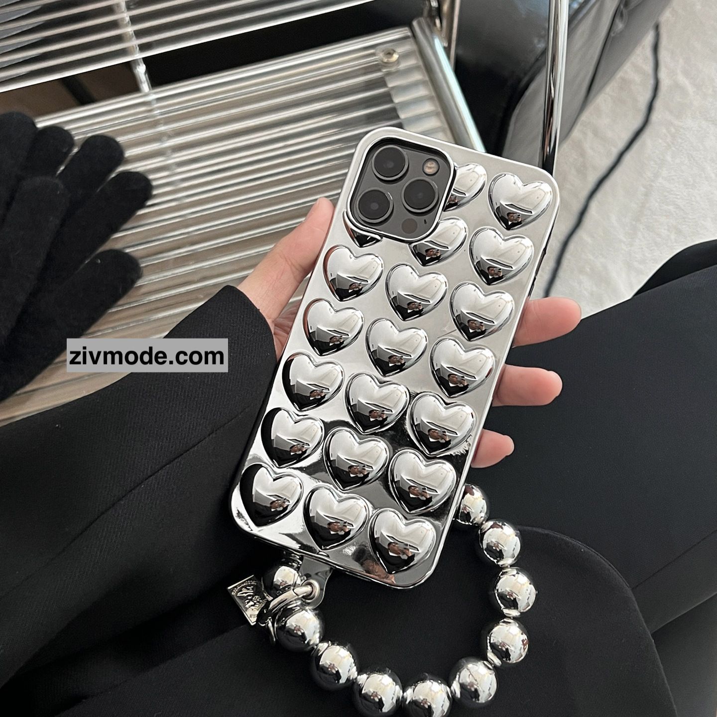 輕奢高級感電鍍立體愛心銀珠鏈條腕鍊手機殼(含手腕繩)IPHONE XS系列/11/12/13/14/15 TE2402055