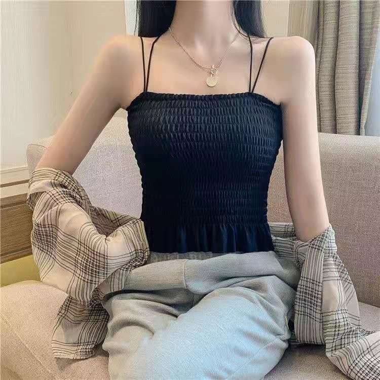 『買一送一』皺皺細肩帶平口帶胸墊可拆內搭背心4色    EBR2208006