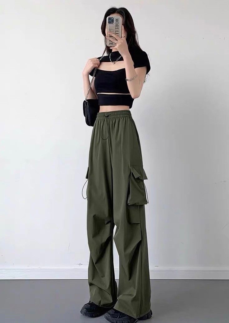 速乾薄款闊腿抽繩兩穿長褲降落傘工裝褲3色(常規/加長)