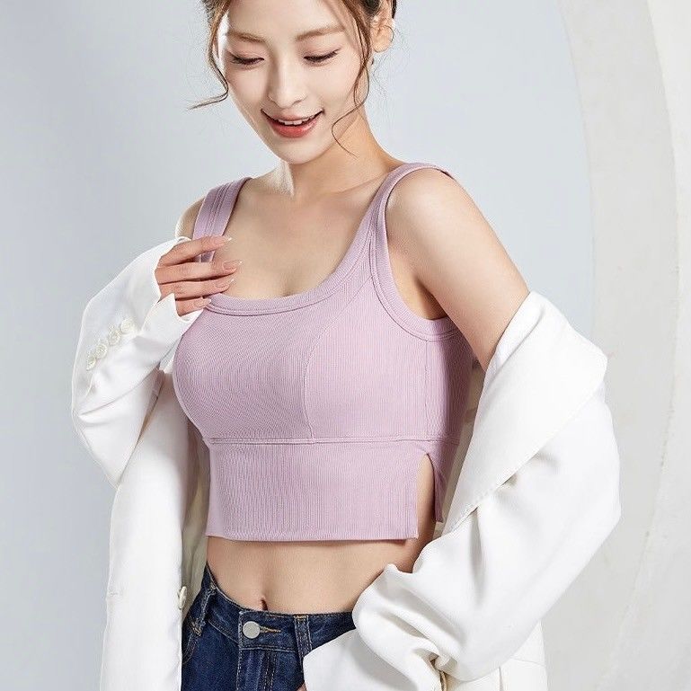 BRATOP-【涼感】側開叉寬肩遮副乳短版立體胸墊罩杯上衣背心6色  CUBR250017