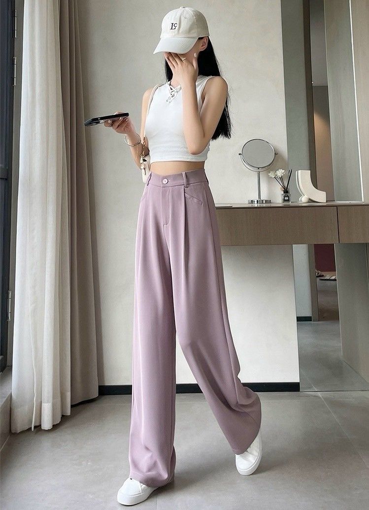 【好評推薦】紫色夏季薄款冰絲垂感闊腿長褲西裝褲3色(小個子/常規/加長)    EP2503007