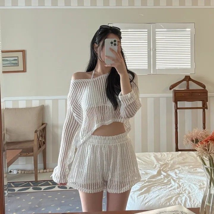 性感簍空長袖短褲罩衫套裝比基尼三件套2色      EBK2507004