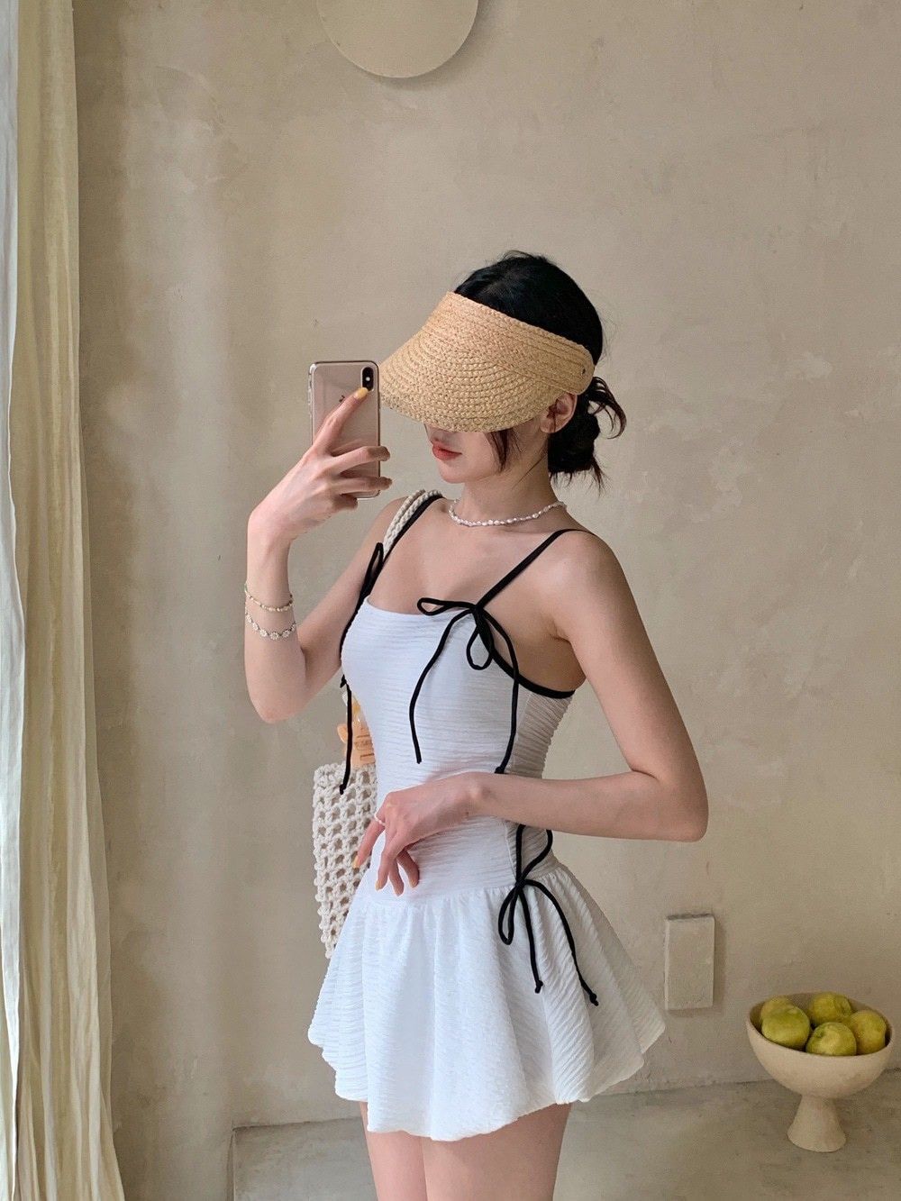 芭蕾純欲風蝴蝶結吊帶連身泳衣泳裝2色      ABK2504003