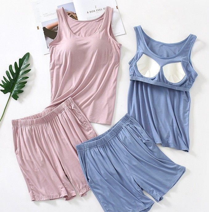 BRA TOP-極舒適莫代爾浪漫色系立體胸墊罩杯無袖睡裙家居服睡衣+褲套裝    CUBR220392