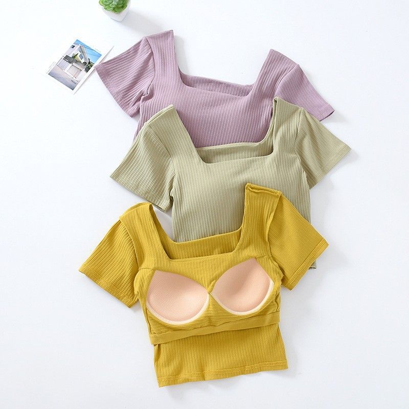 BRATOP-方領短版TEE立體胸墊罩杯上衣    CUBR220324