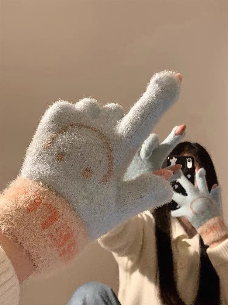 【買一送一】笑臉針織《露指觸屏》防寒保暖手套5色ESC2412004