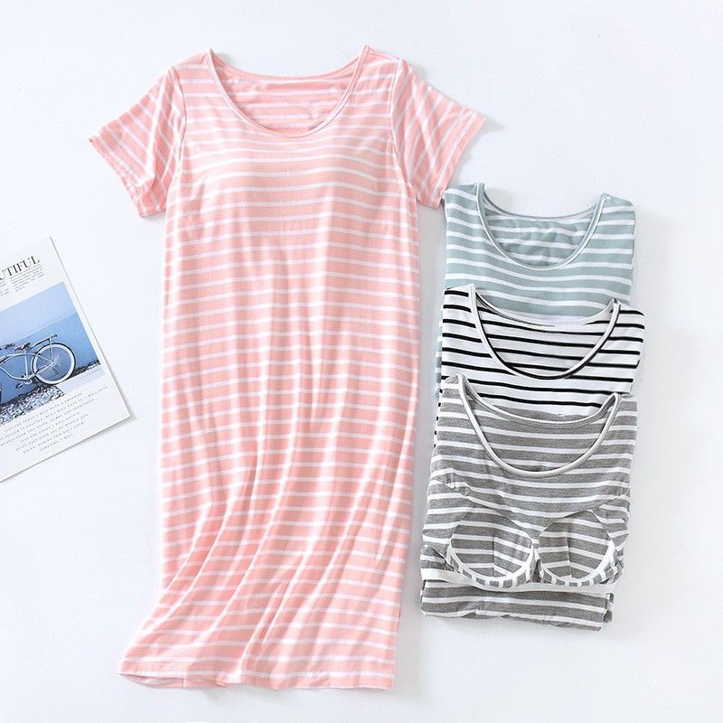 BRATOP-極舒適莫代爾條紋立體胸墊罩杯短袖睡裙家居服睡衣    CUBR220382