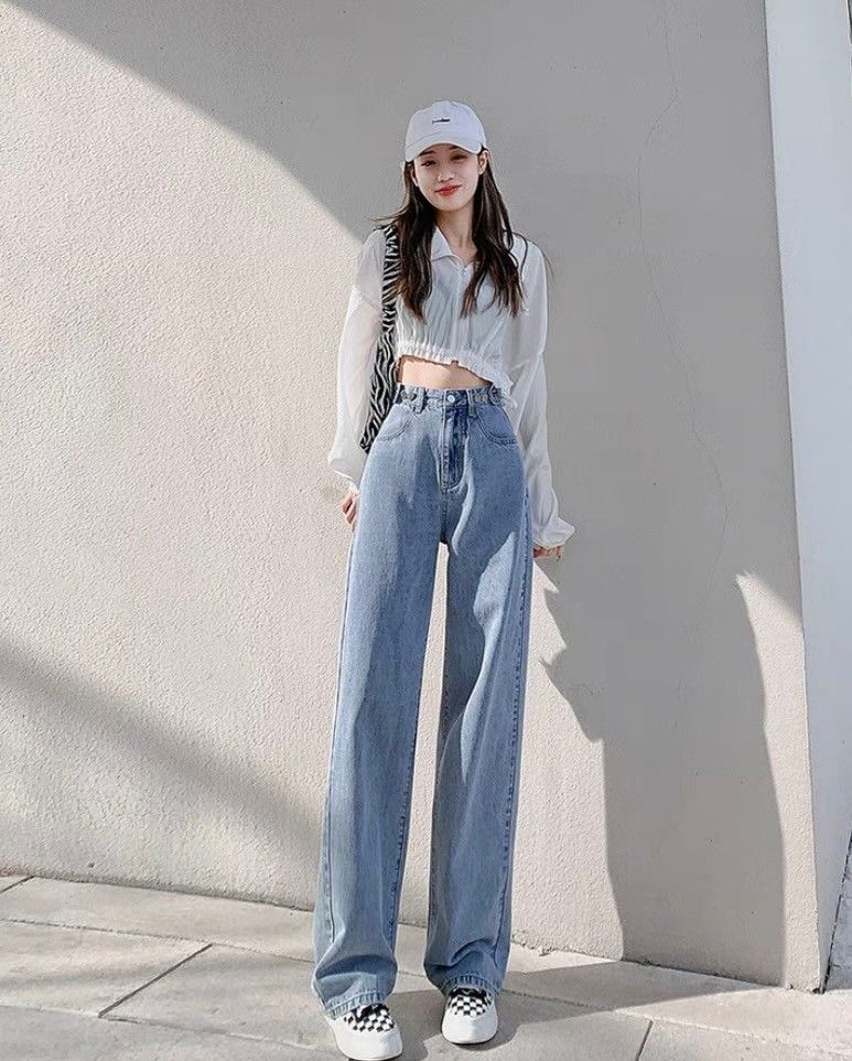 高腰垂感腰圍釦可調節闊腿直筒牛仔褲(九分/長褲常規/加長)    EP2402031