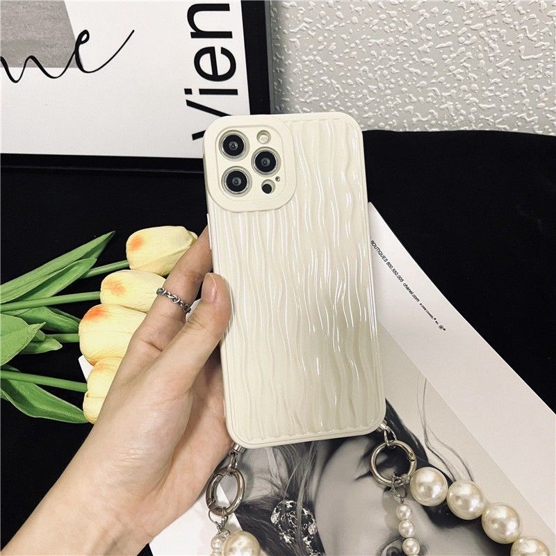 水波紋珍珠手提鍊條肩背斜背全包手機殼IPHONE11/12/13/14/15/16      TE0508002