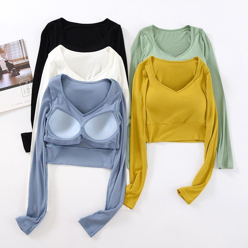 Bra Top-V領短版長袖立體胸墊罩杯內搭上衣BRA運動內衣  CUBR2311001