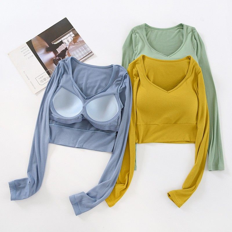 Bra Top-V領短版長袖立體胸墊罩杯內搭上衣BRA運動內衣  CUBR2311001