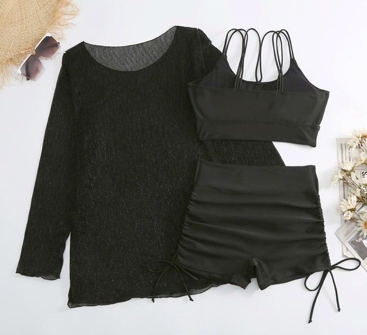 簡約長袖罩衫大碼三件式泳衣泳裝2色(L-5XL)      ABK2504018