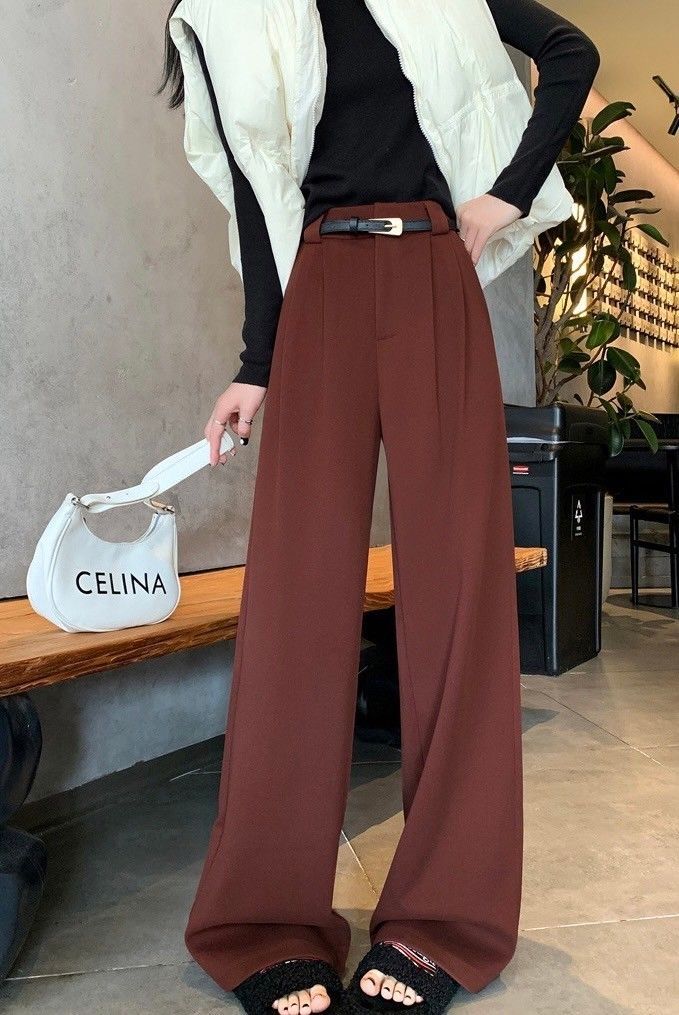 冬日必收毛呢加厚鬆緊腰闊腿長褲褲子(小個子/常規/加長)・附腰帶    EP2410013