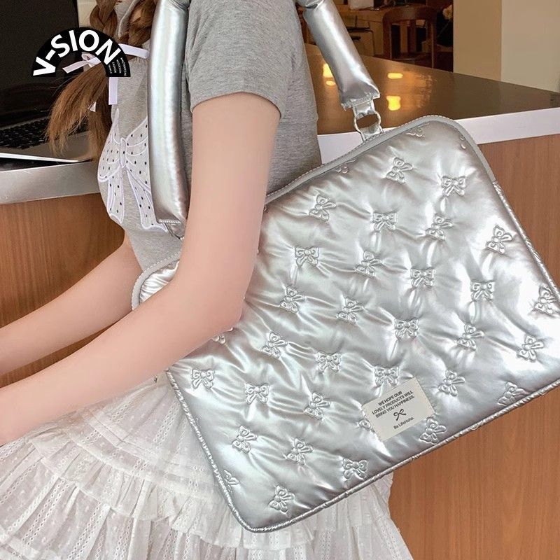 韓系空氣感蝴蝶結壓紋夾棉13 14 15.6 16吋 可手提手拿肩背筆電包內膽包電腦包平板包    AB2510010