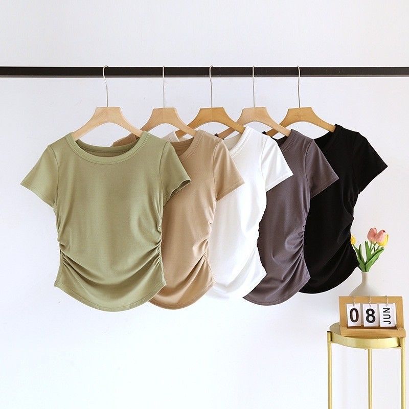 BRATOP-圓領燕尾弧形抓皺修身立體胸墊罩杯上衣5色    CUBR250007