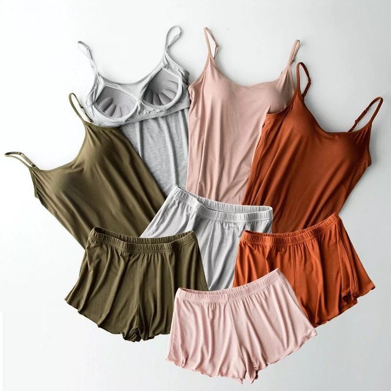 『懶人必穿★免穿內衣吊帶睡衣組』舒適清涼莫代爾五指集中型Bra吊帶+花邊迷你短褲兩件套睡衣9色M-XL    ESP2106082