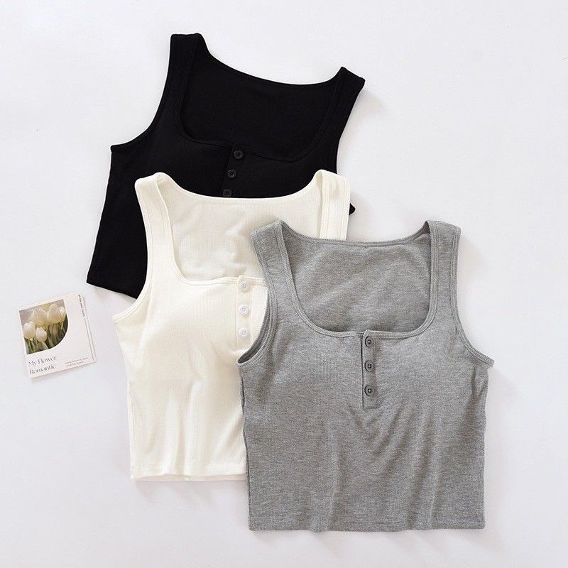 BRATOP-【涼感】方領排釦裝飾短版立體胸墊罩杯上衣背心6色      CUBR250638