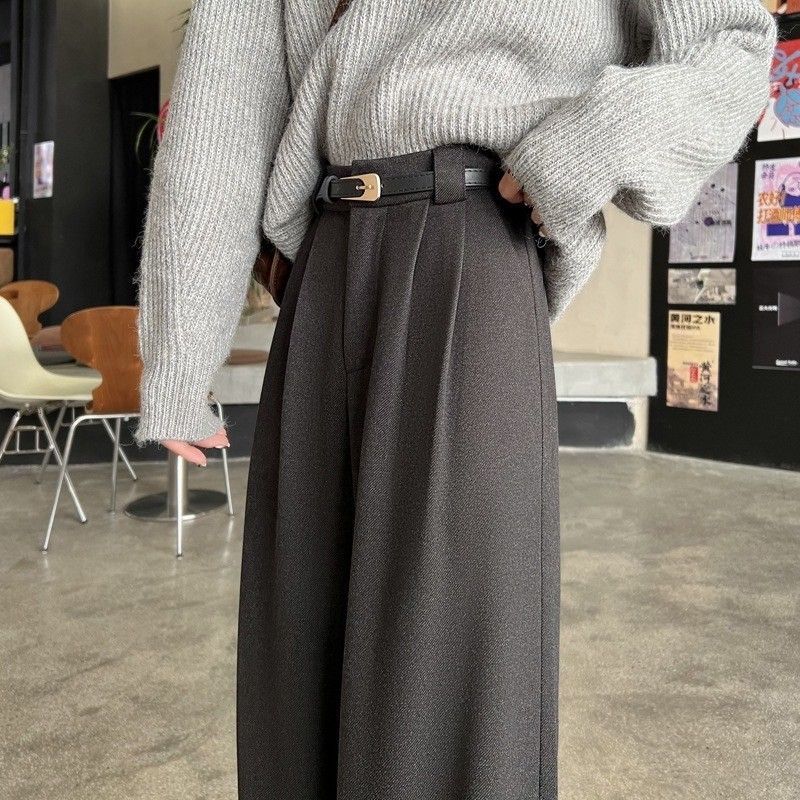 冬日必收毛呢加厚鬆緊腰闊腿長褲褲子(小個子/常規/加長)・附腰帶    EP2410013