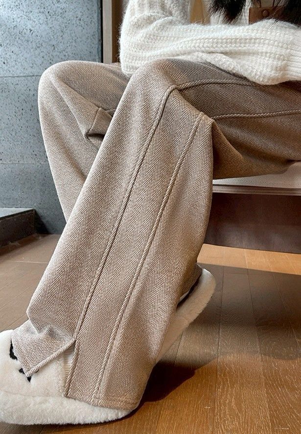 開叉人字紋毛呢顯瘦垂感闊腿褲長褲褲子6色(小個子/常規/加長/不加絨)    EP2601002