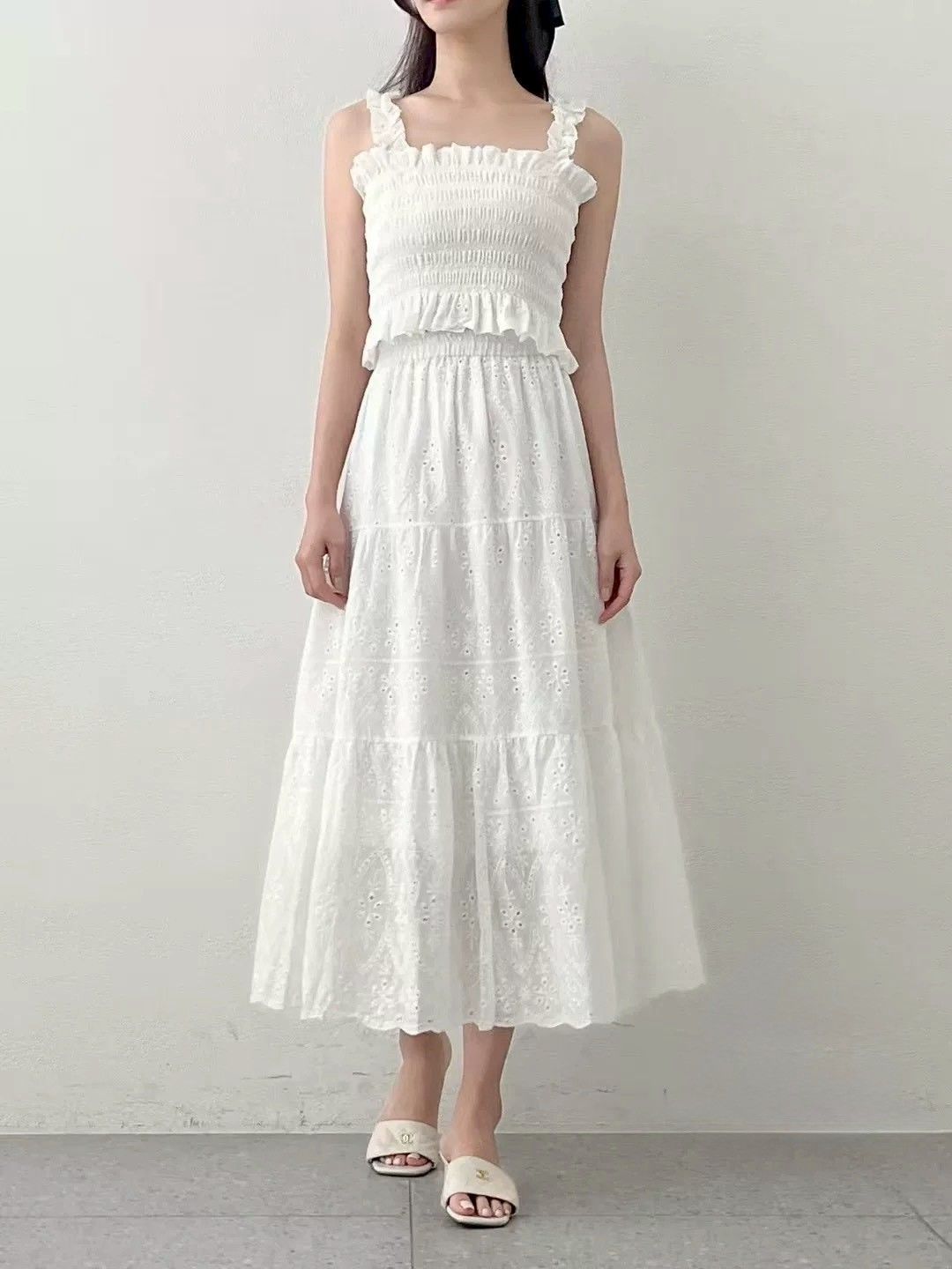 彈力吊帶背心鏤空刺繡長裙套裝洋裝858