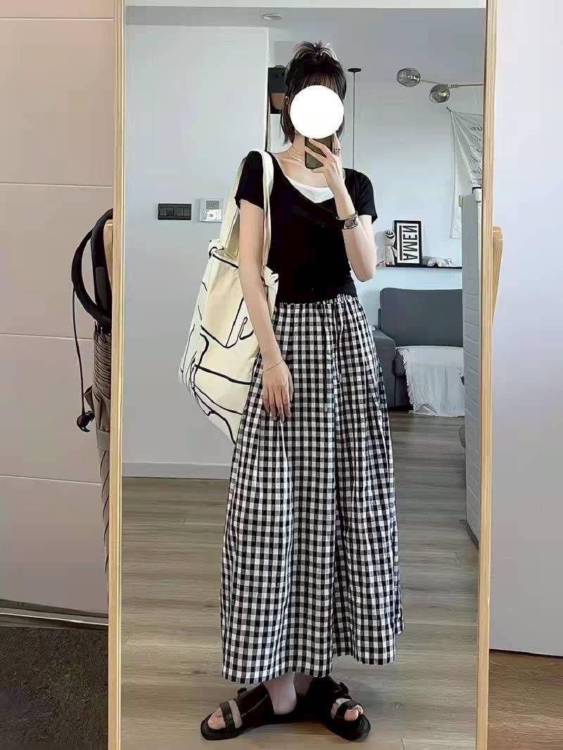 拼色層次短版 Tee+黑白細格紋寬褲二件式套裝188